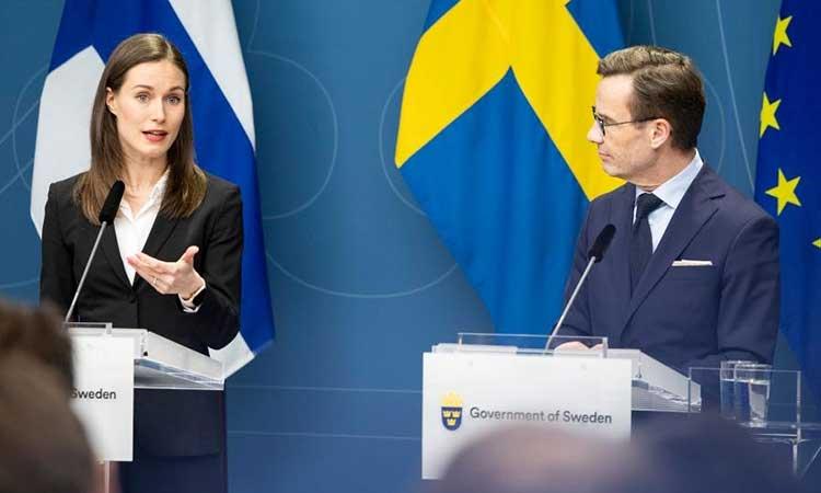 Finnish-Prime-Minister-Sanna-Marin-(L)-speaks-at-a-press-conference-with-Swedish-Prime-Minister-Ulf-Kristersson-in-Stockholm-Sweden