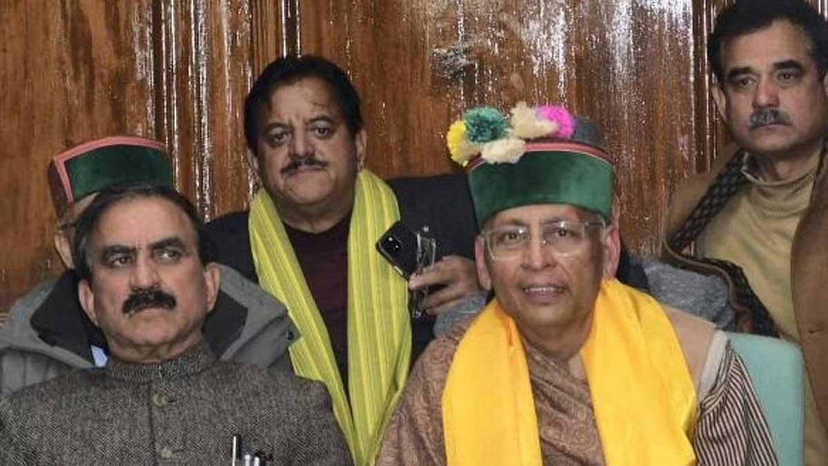 Himachal Pradesh Chief Minister Sukhvinder Singh Sukhu with Congress candidate Abhishek Manu Singhvi addresses a press conference after the later lost the election for the Rajya Sabha seat, in Shimla