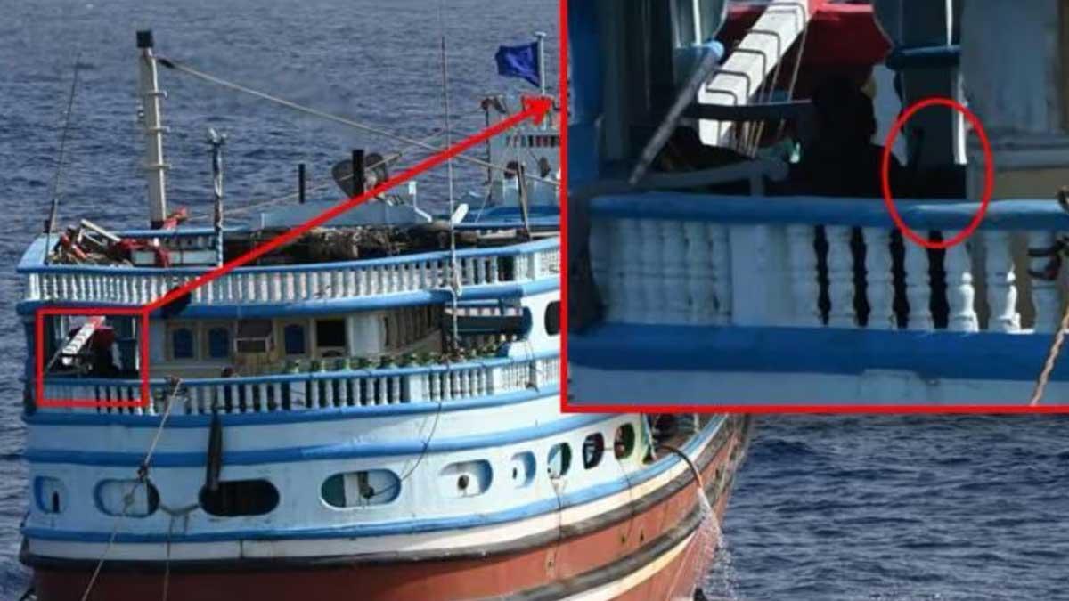This photo released by the Indian Navy shows pirates aboard an Iranian fishing vessel. Operation is on to intercept the vessel and rescue the ship and the crew