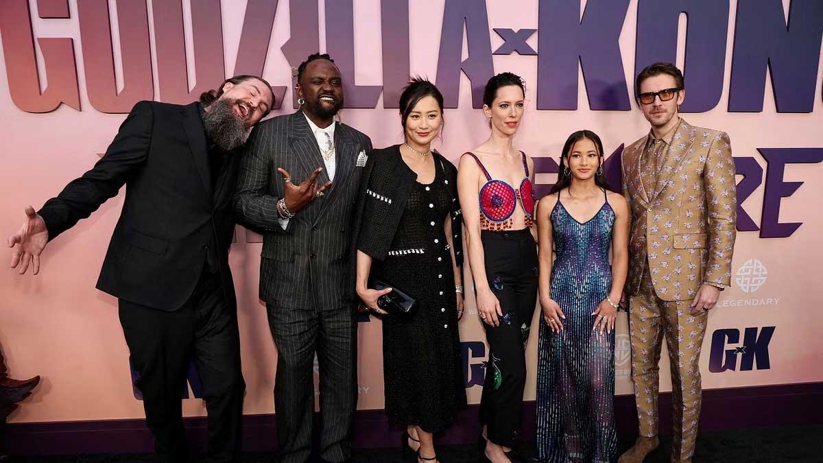 Director Adam Wingard and cast members Brian Tyree Henry, Fala Chen, Rebecca Hall, Kaylee Hottle and Dan Stevens attend the world premiere of "Godzilla x Kong: