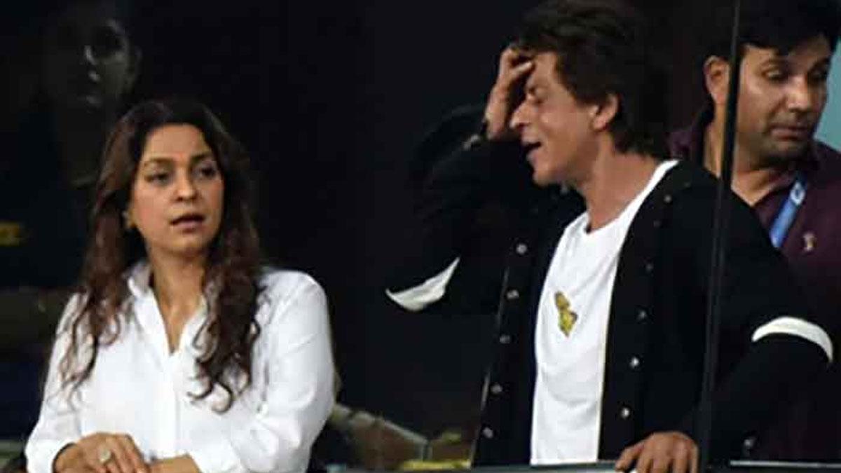 Juhi-Chawla,-one-of-the-co-owners-of-the-Kolkata-Knight-Riders-(KKR)-IPL-team-alongside-her-spouse-Jay-Mehta-and-Bollywood-icon-Shahrukh-Khan,