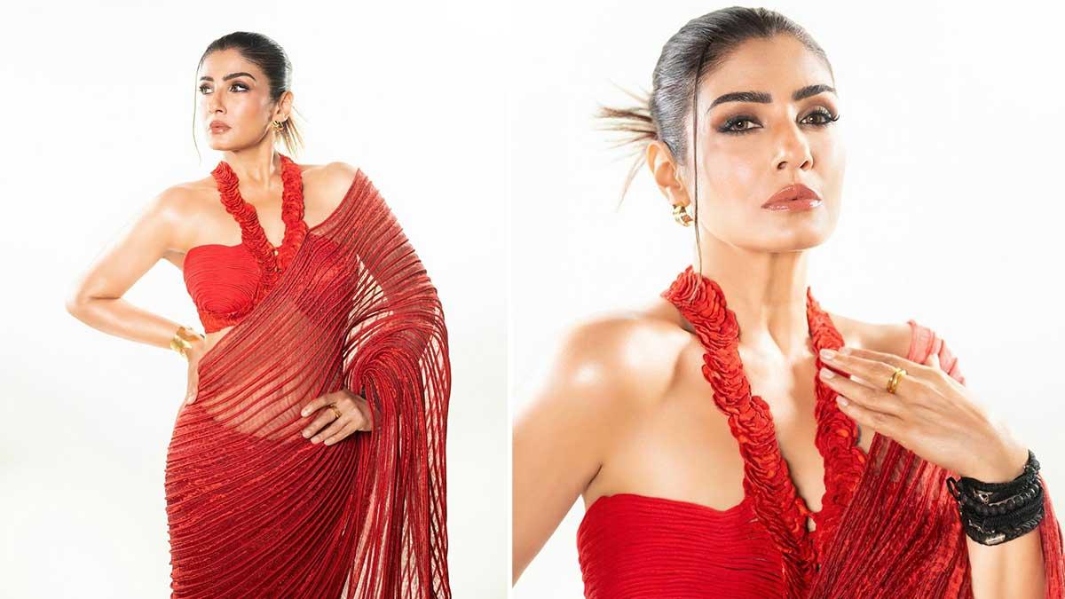 During this "blistering heatwave," Raveena is dressed in a saree composed of recyclable materials