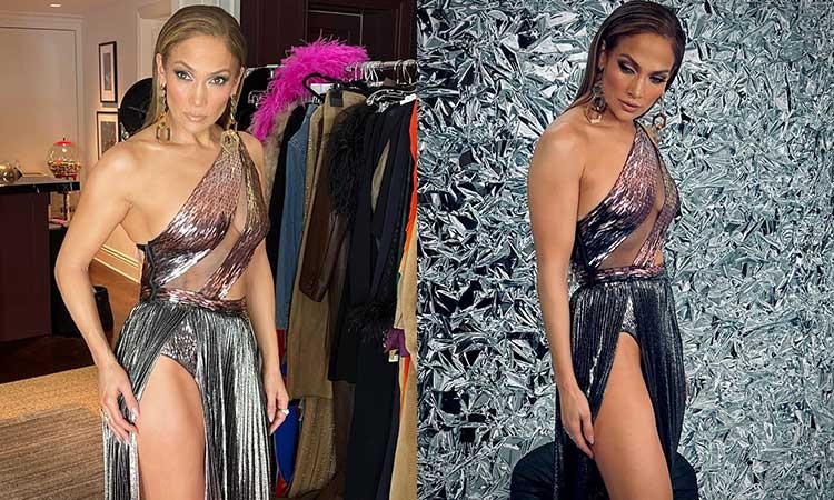 Jennifer Lopez Slays In Glamorous Thigh High Slit Metallic Gown